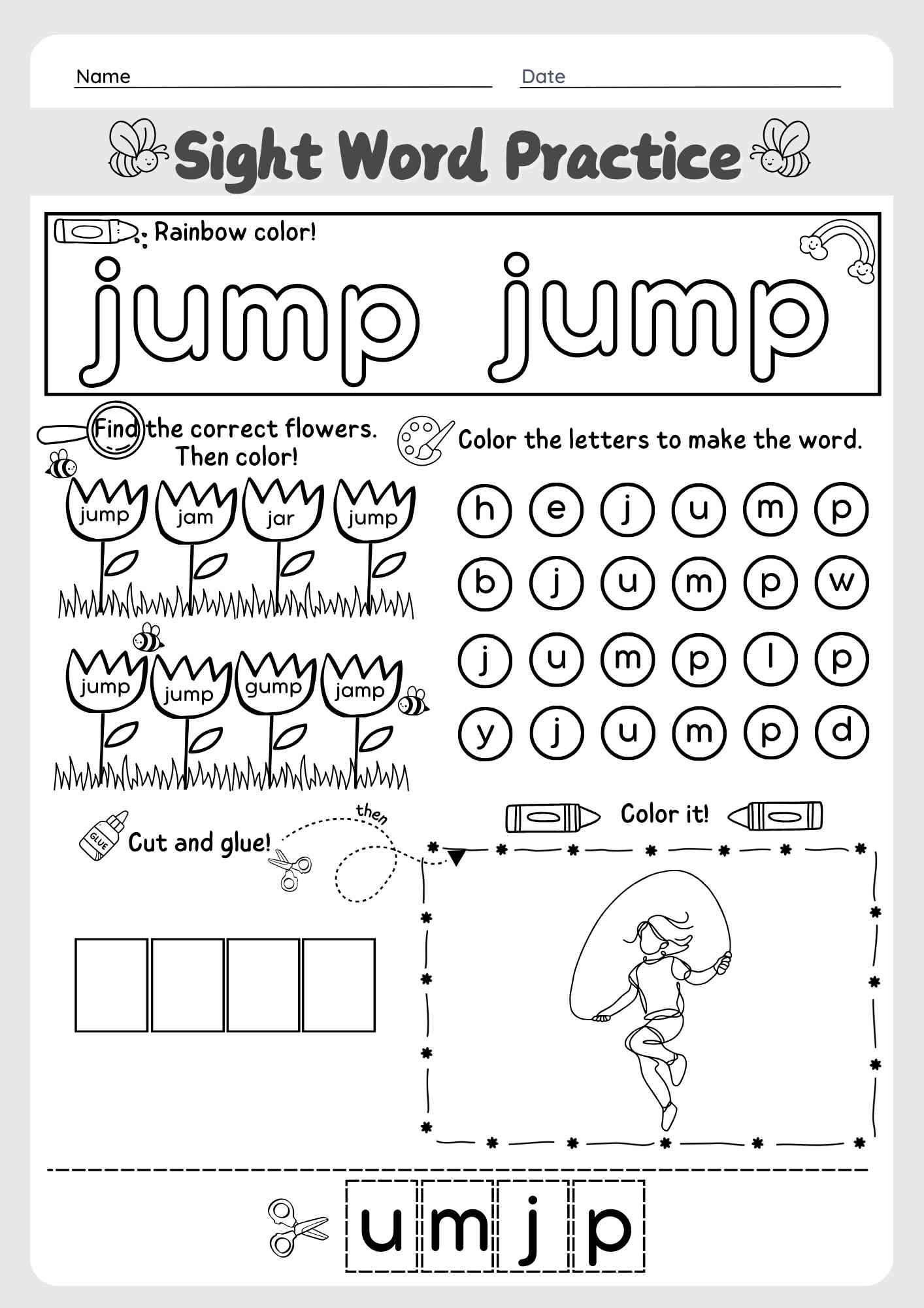 Dolch Sight Word "Jump" Worksheet for Pre-Kindergarten PDF Download